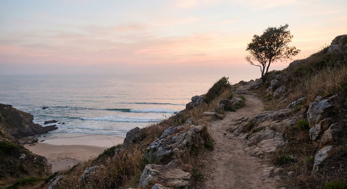 Dawn light over the ocean from a quiet cliff path.