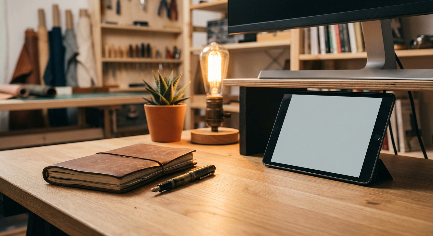 A cozy creative workbench with notebook, pen, warm lamp light, and a small plant.