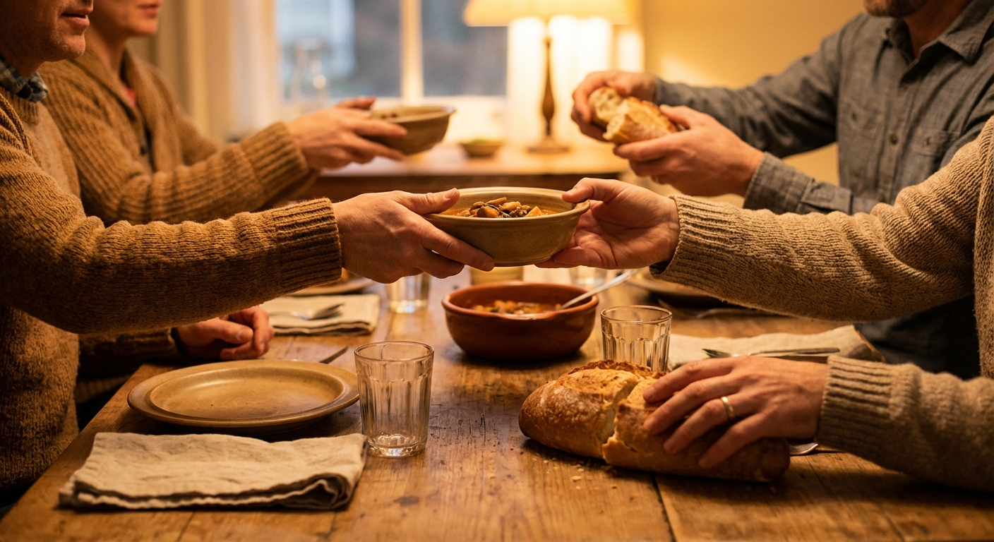 Friends gathered around a dinner table, sharing food; faces not detailed.