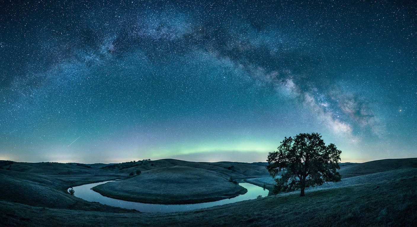 A clear night sky filled with stars over a quiet landscape.