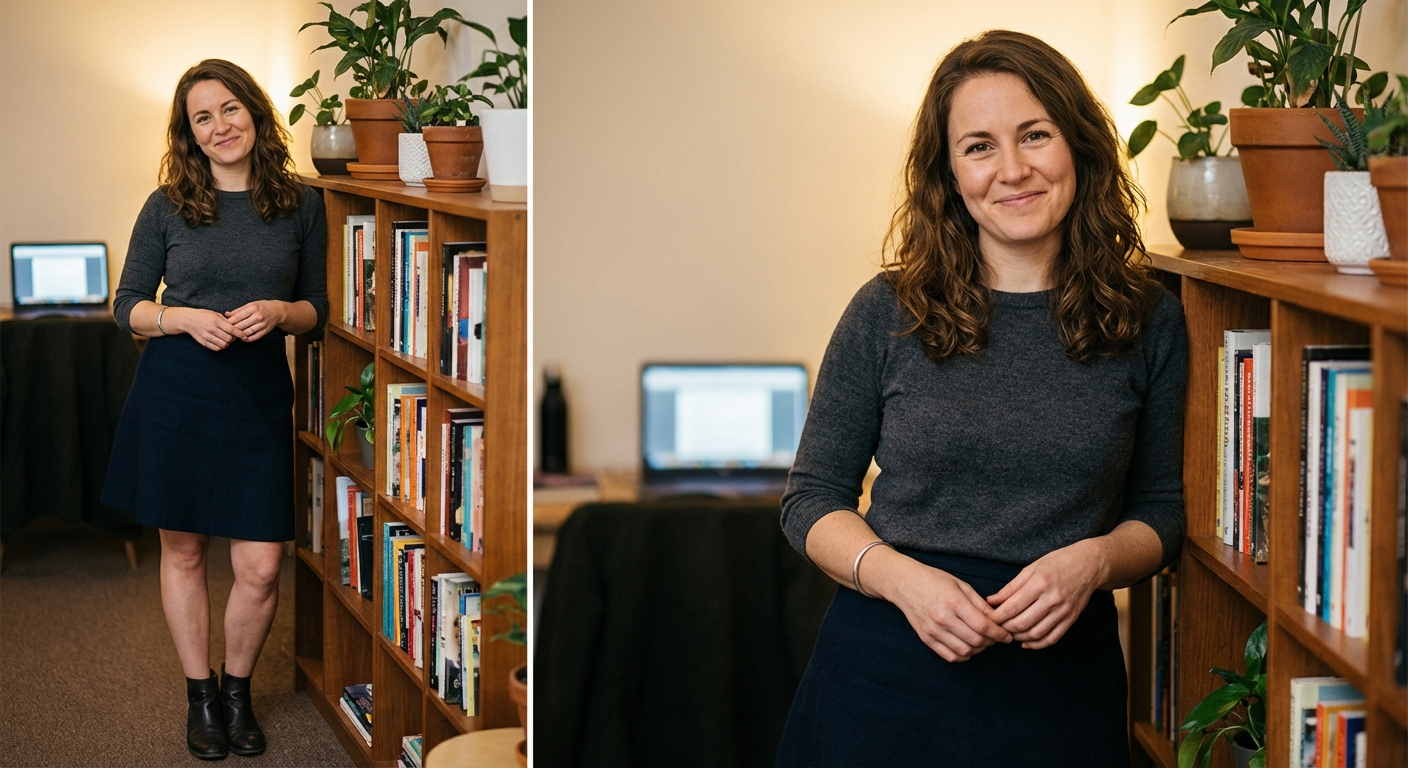 Full-body reference: Annalyse in a cozy workspace with books and plants.